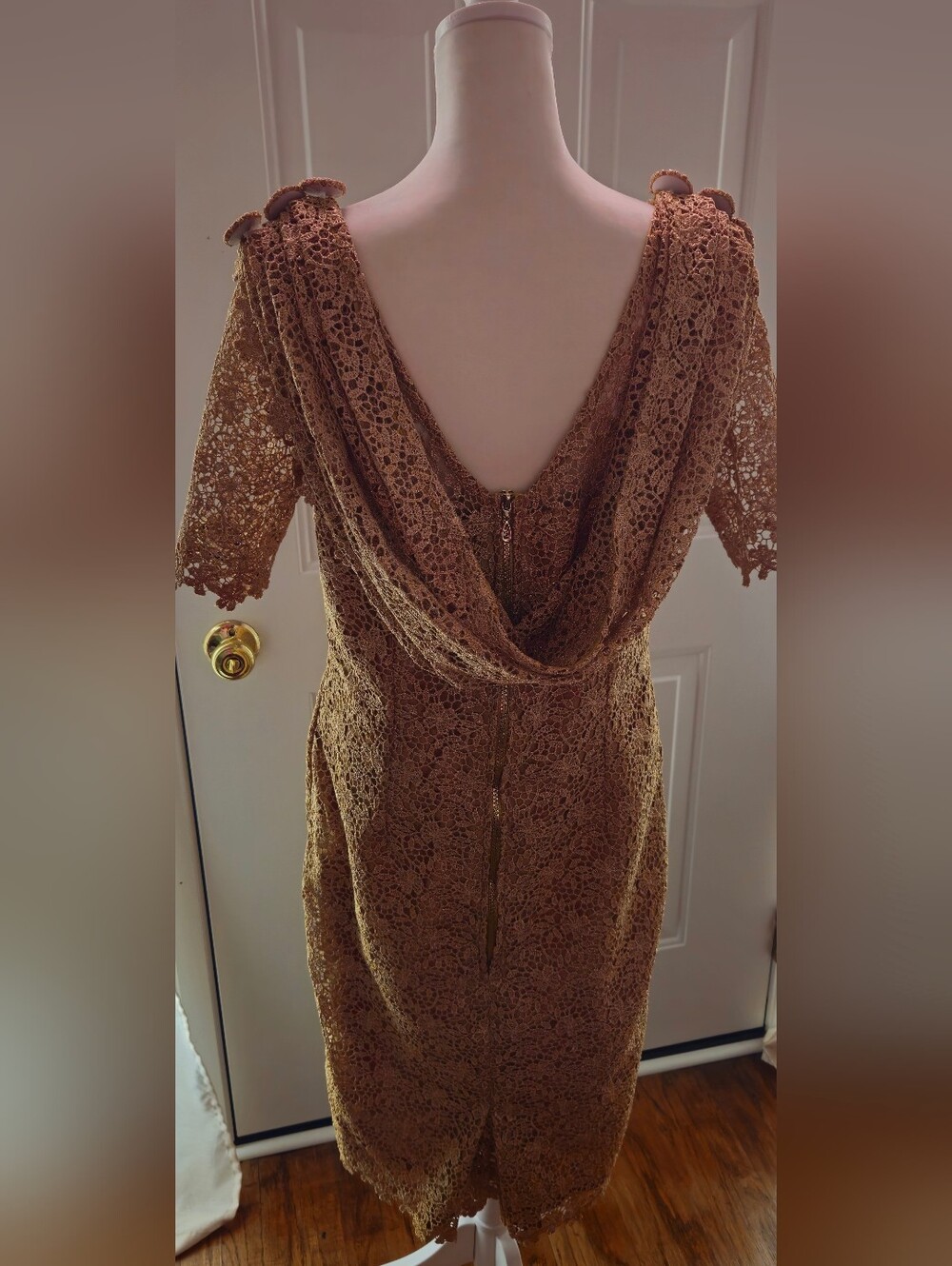 Custom Made Metallic Gold Lace Midi Dress with Draped Cowl Back